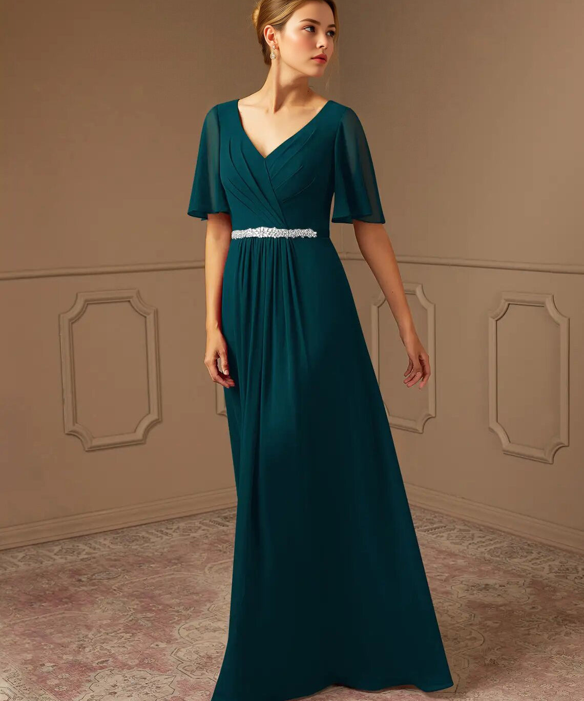 Augday A-Line V-Neck Pleated Chiffon Dress