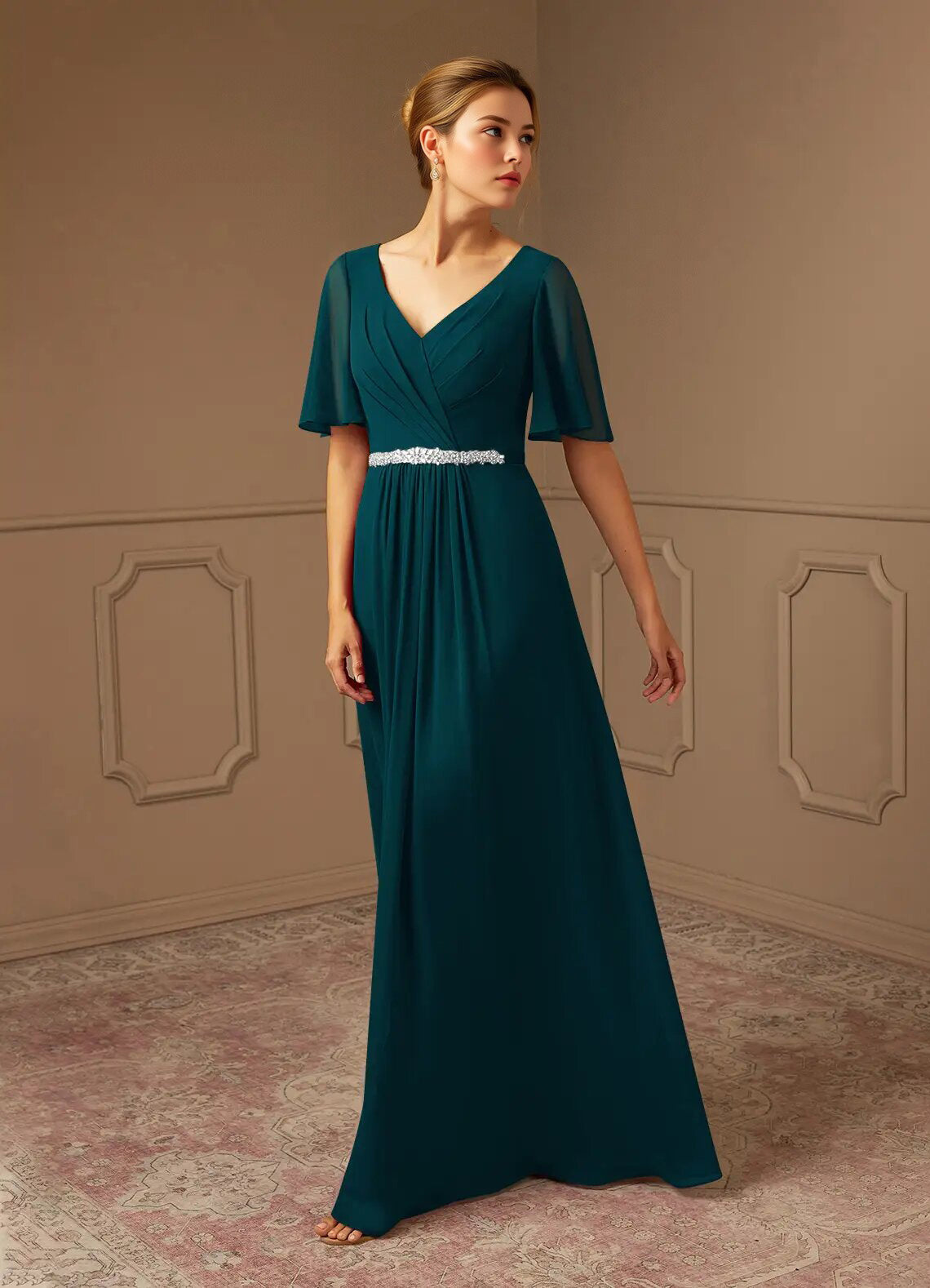 Augday A-Line V-Neck Pleated Chiffon Dress