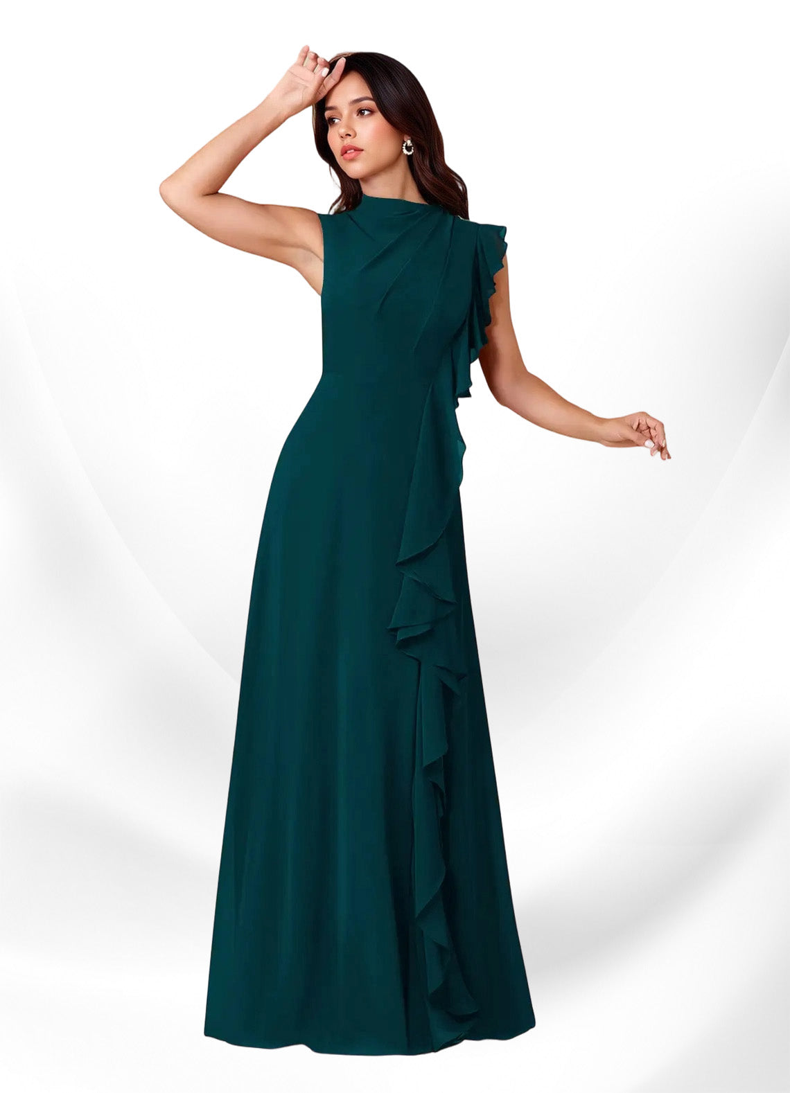 Augday Narine A-Line High Neckline Pleated Chiffon Dress