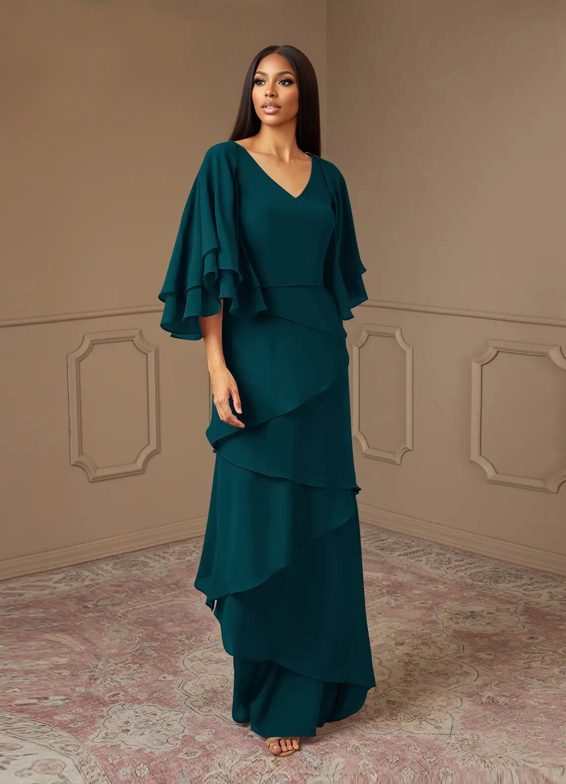 Augday OHara A-Line V-Neck Chiffon Dress
