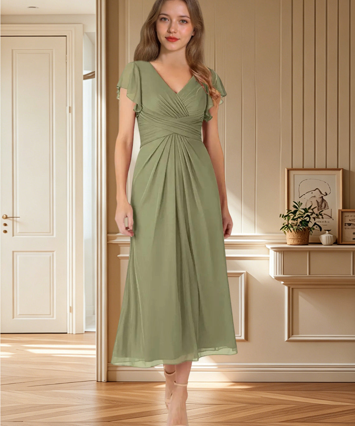 Augday Vera A-Line V-Neck Pleated Mesh Dress