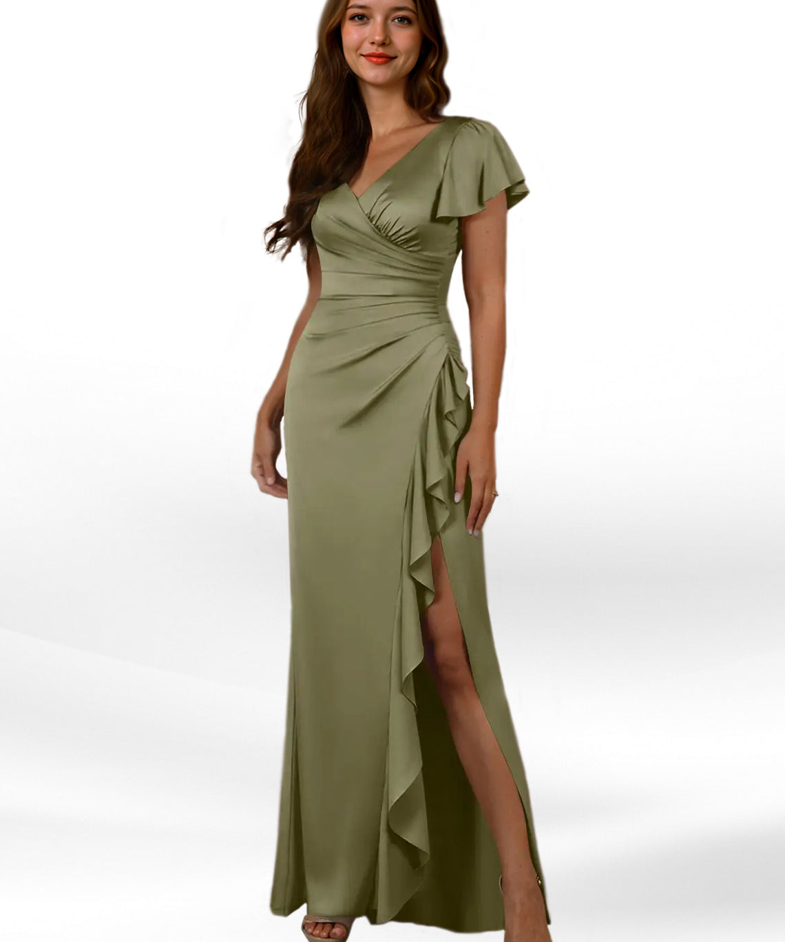 Augday Roya Mermaid V-Neck Pleated Stretch Satin Dress