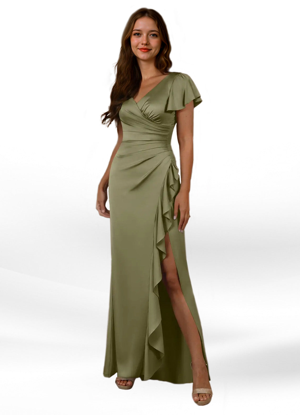 Augday Roya Mermaid V-Neck Pleated Stretch Satin Dress