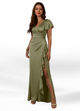 Augday Roya Mermaid V-Neck Pleated Stretch Satin Dress