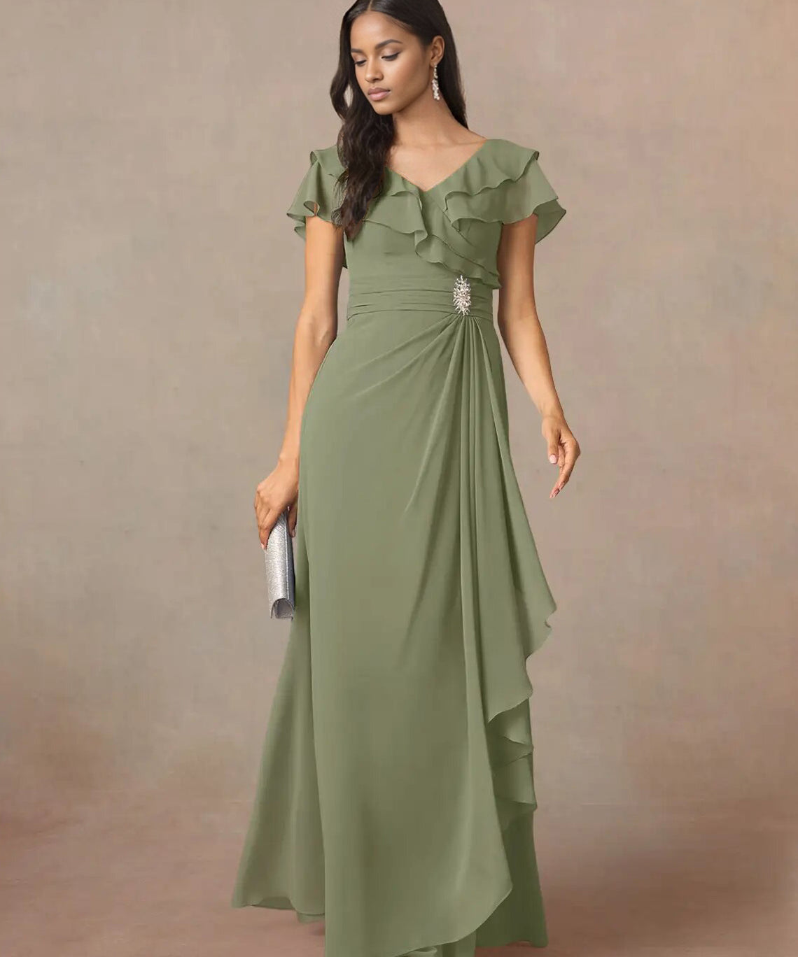 Augday A-Line V-Neck Ruched Chiffon Dress