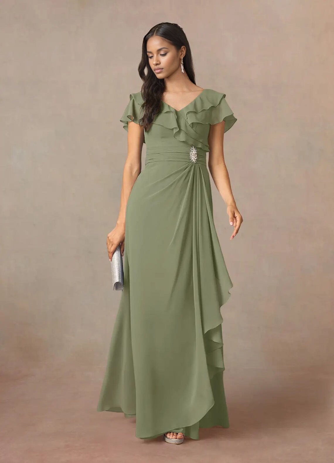 Augday A-Line V-Neck Ruched Chiffon Dress