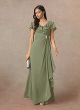 Augday A-Line V-Neck Ruched Chiffon Dress