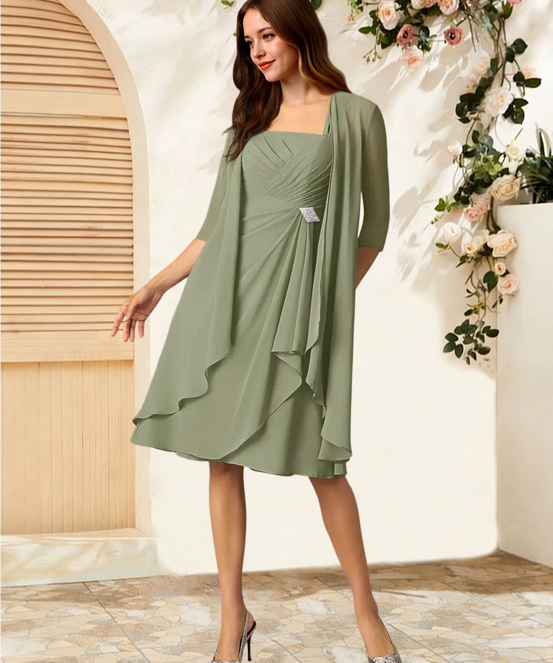 Augday Olivia A-Line Square Neckline Pleated Chiffon Dress