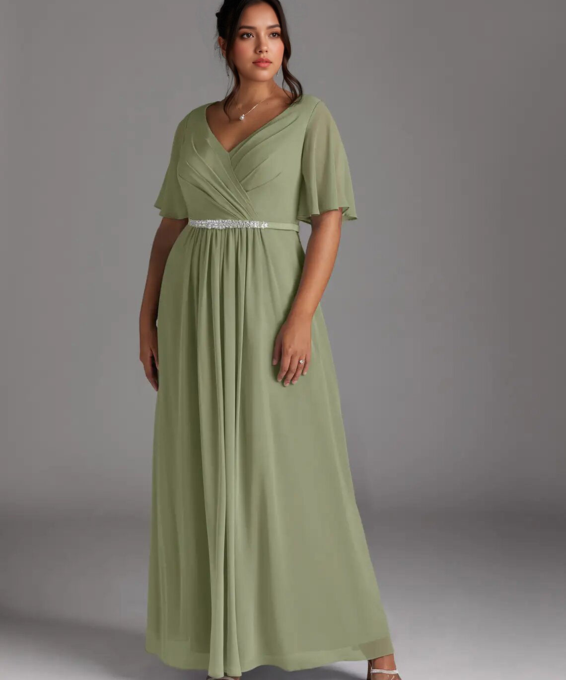 Augday A-Line V-Neck Pleated Chiffon Dress Plus Size