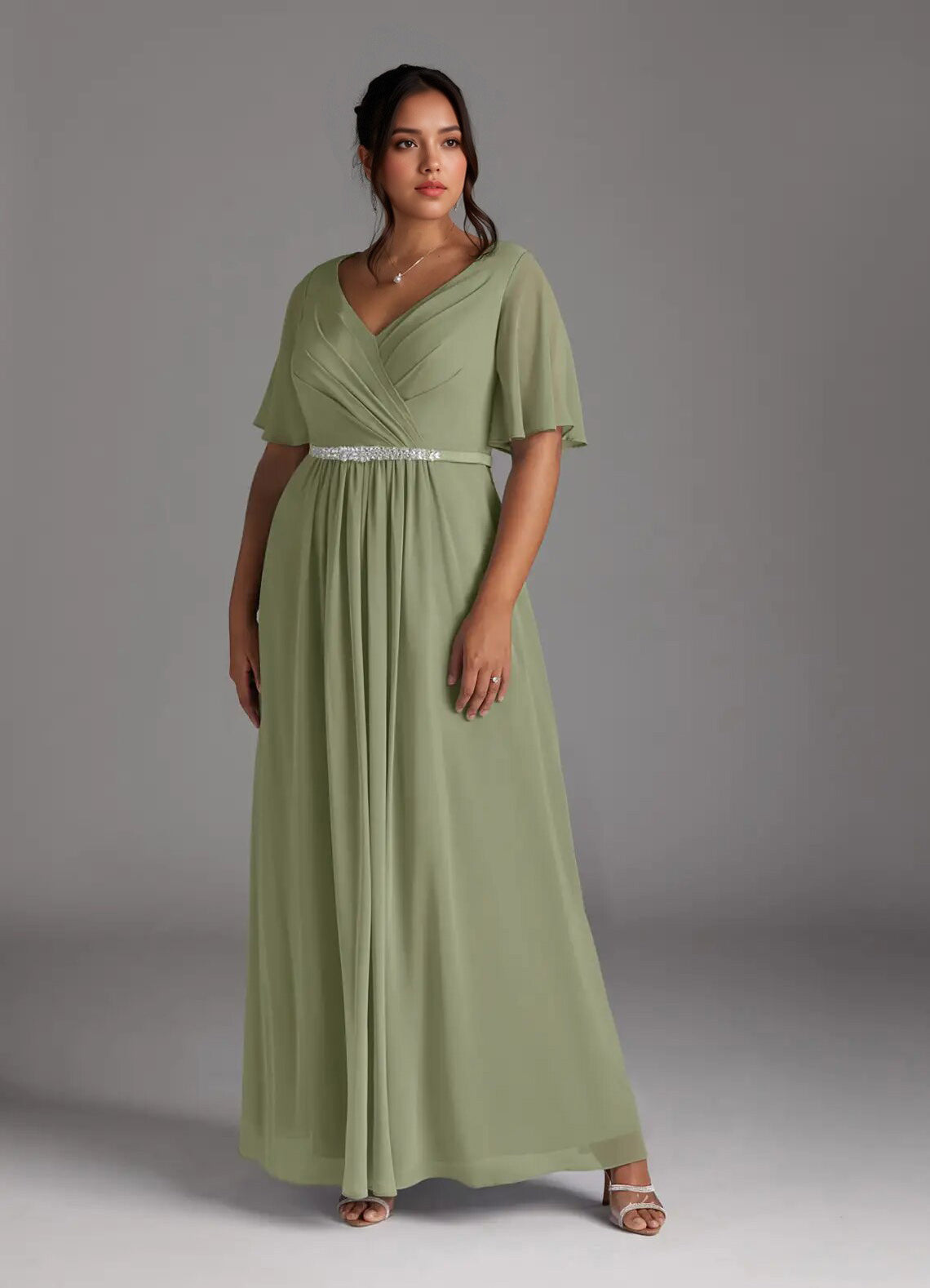 Augday A-Line V-Neck Pleated Chiffon Dress Plus Size