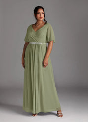 Augday A-Line V-Neck Pleated Chiffon Dress Plus Size