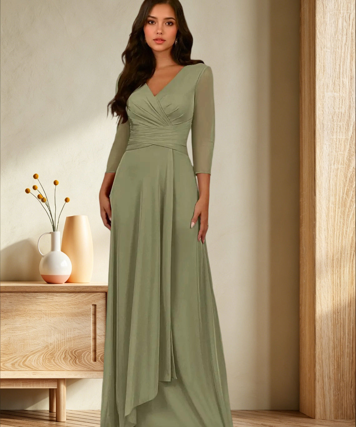 Augday Annetta A-Line V-Neck Pleated Mesh Dress