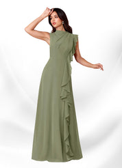 Augday Narine A-Line High Neckline Pleated Chiffon Dress