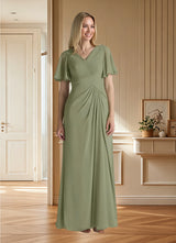 Augday Morning Glory A-Line V-Neck Ruched Chiffon Dress