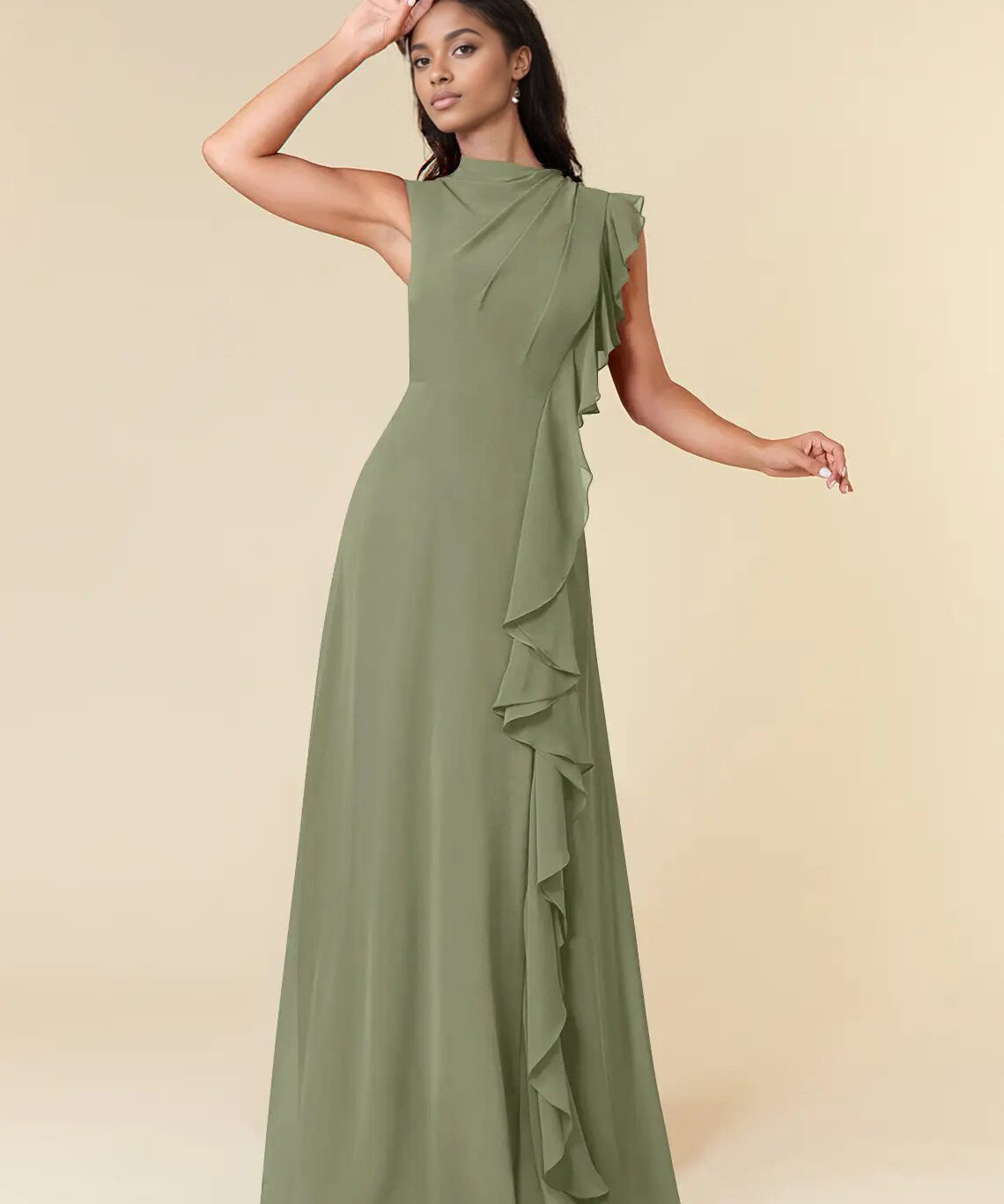 Augday A-Line High Neckline Pleated Chiffon Dress