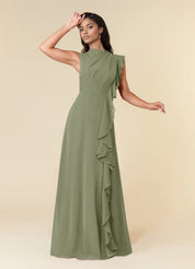 Augday A-Line High Neckline Pleated Chiffon Dress