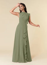 Augday A-Line High Neckline Pleated Chiffon Dress