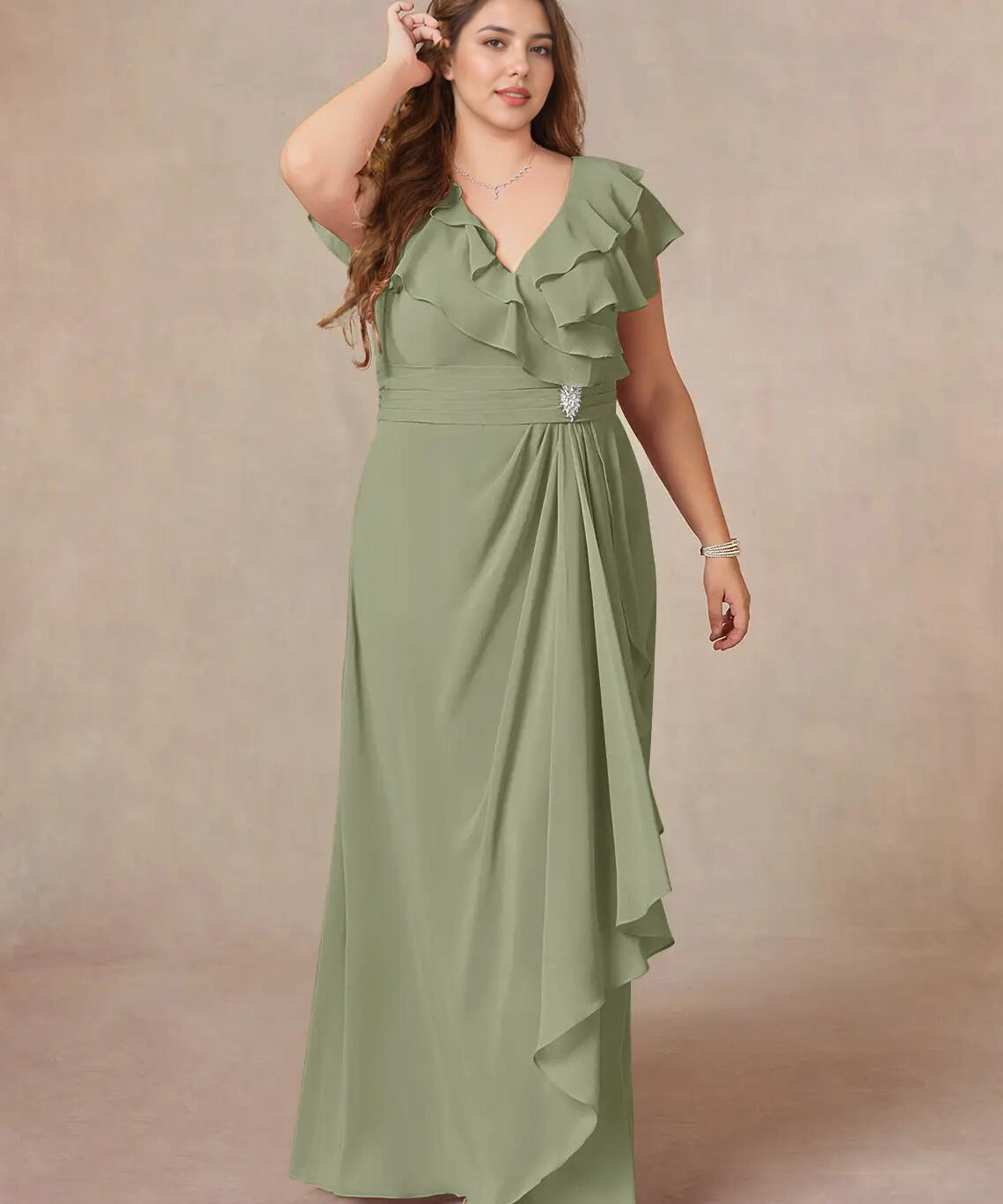 Augday A-Line V-Neck Ruched Chiffon Dress Plus Size