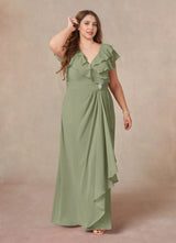 Augday A-Line V-Neck Ruched Chiffon Dress Plus Size