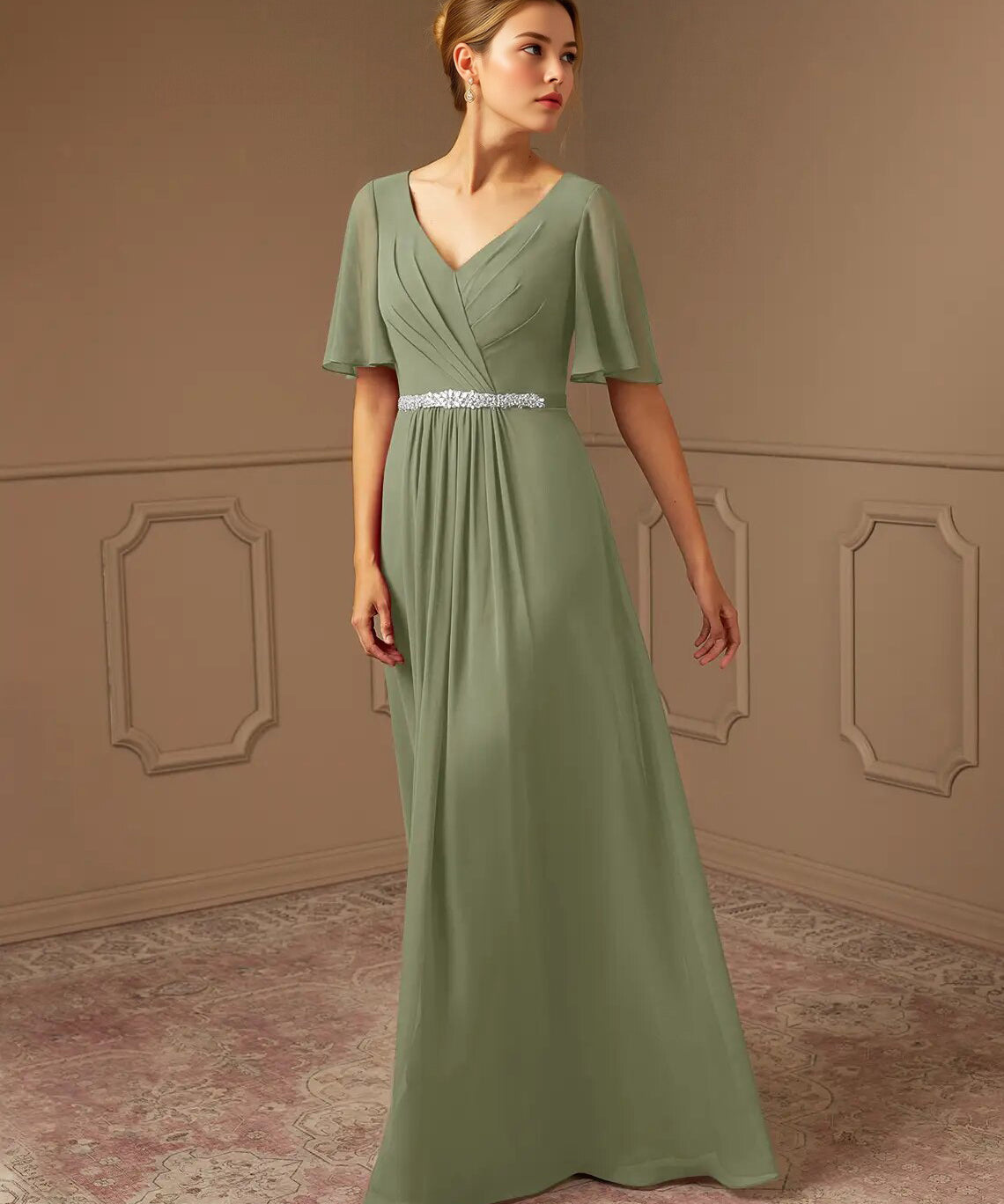 Augday A-Line V-Neck Pleated Chiffon Dress