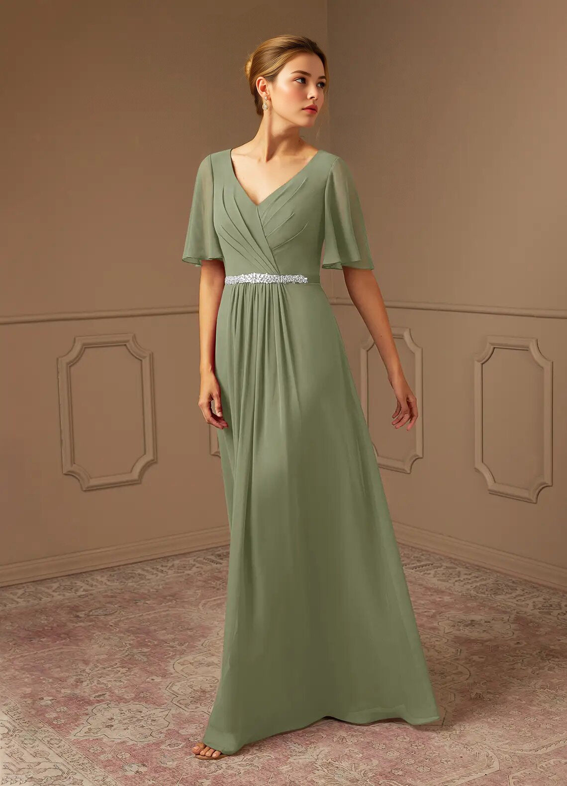 Augday A-Line V-Neck Pleated Chiffon Dress