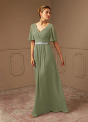 Augday A-Line V-Neck Pleated Chiffon Dress