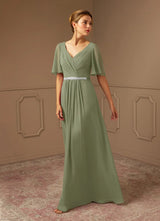Augday A-Line V-Neck Pleated Chiffon Dress