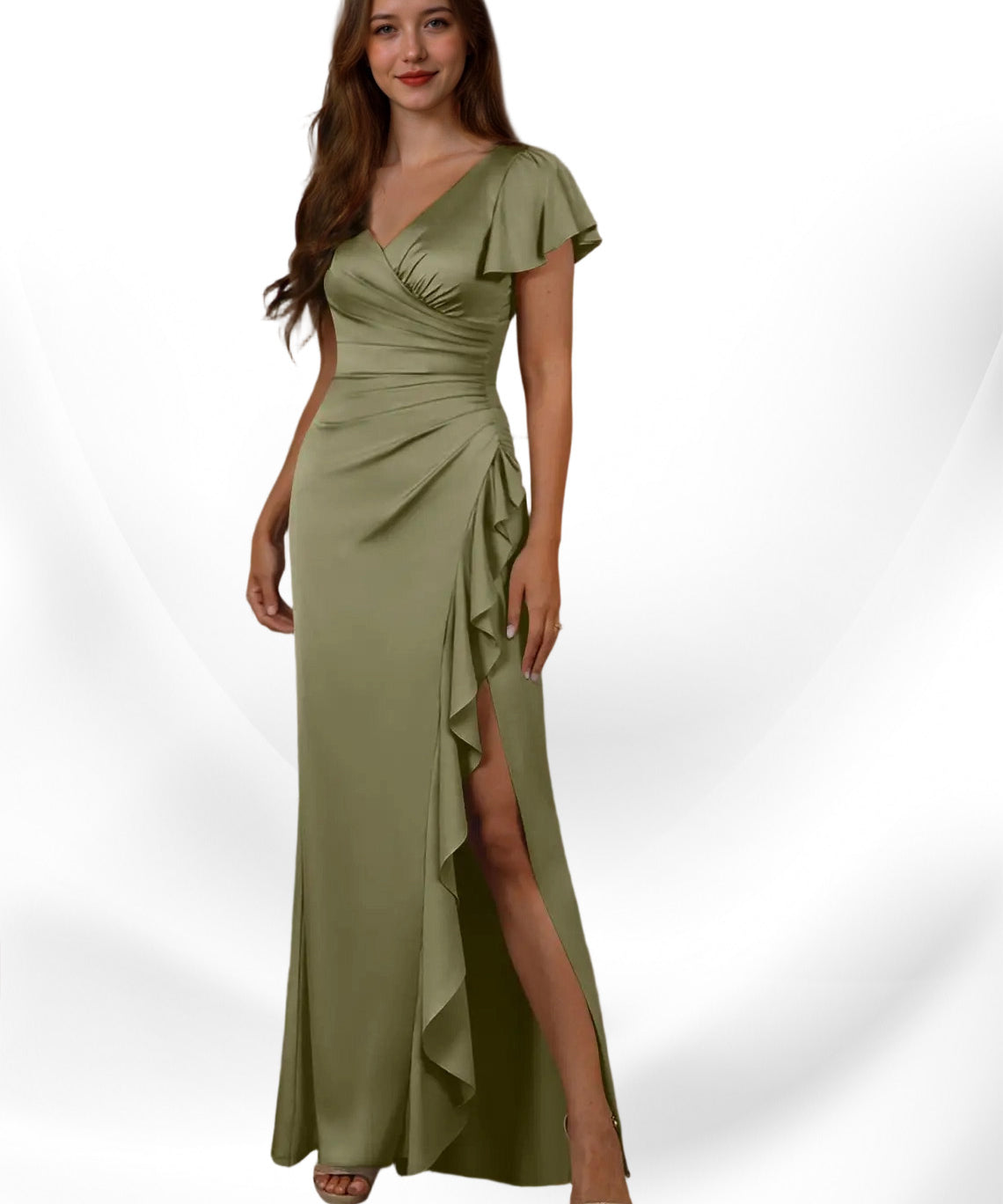 Augday Roya Mermaid V-Neck Pleated Stretch Satin