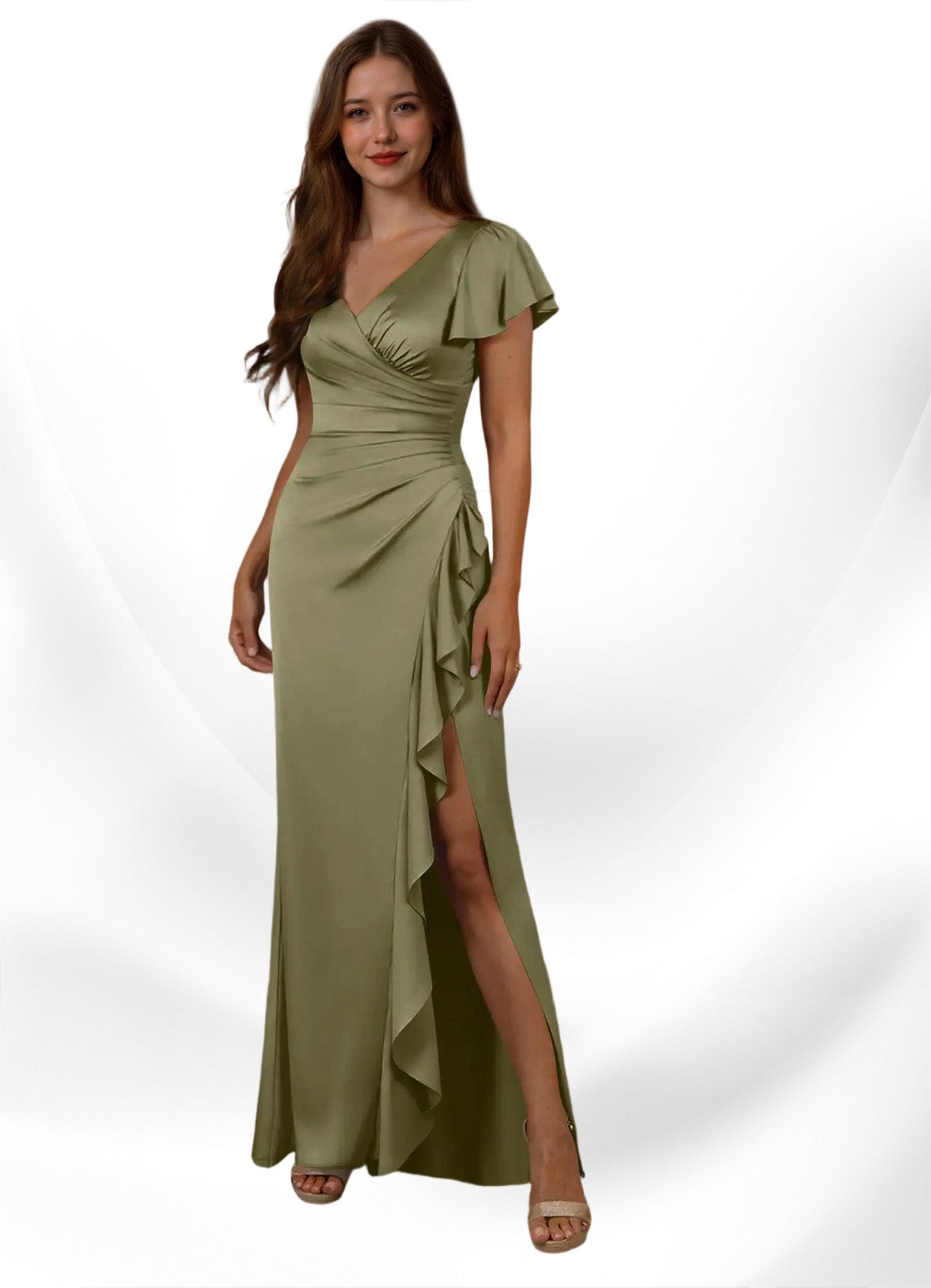 Augday Roya Mermaid V-Neck Pleated Stretch Satin