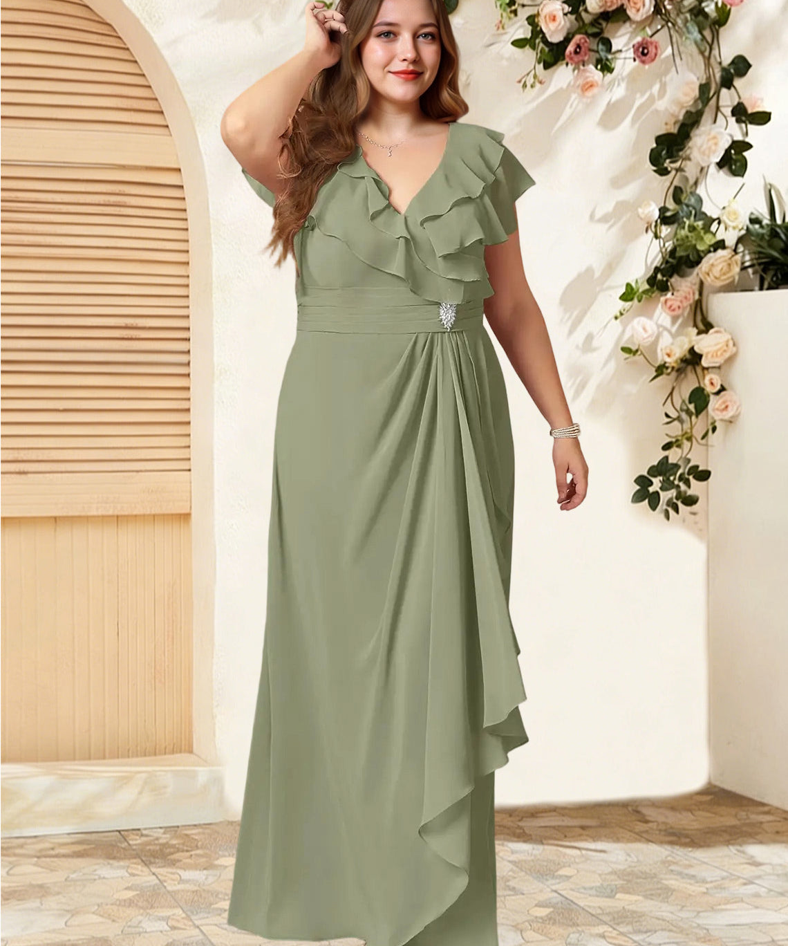 Augday Snapdragon A-Line V-Neck Ruched Chiffon Dress