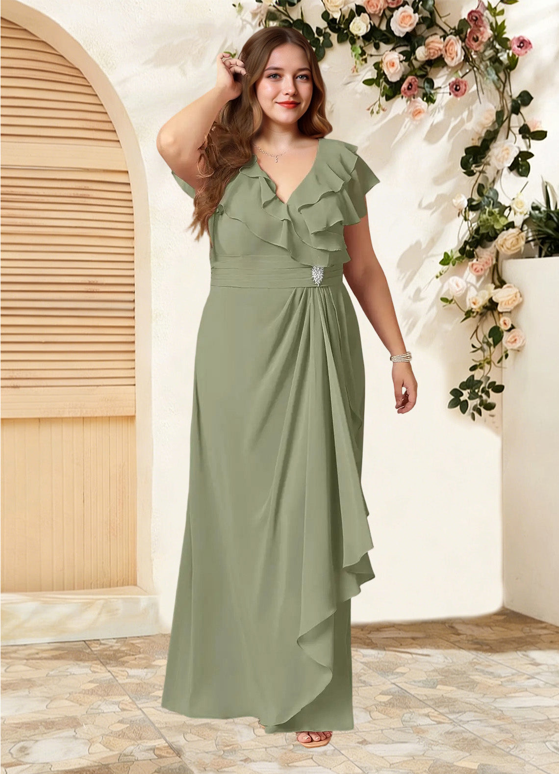 Augday Snapdragon A-Line V-Neck Ruched Chiffon Dress