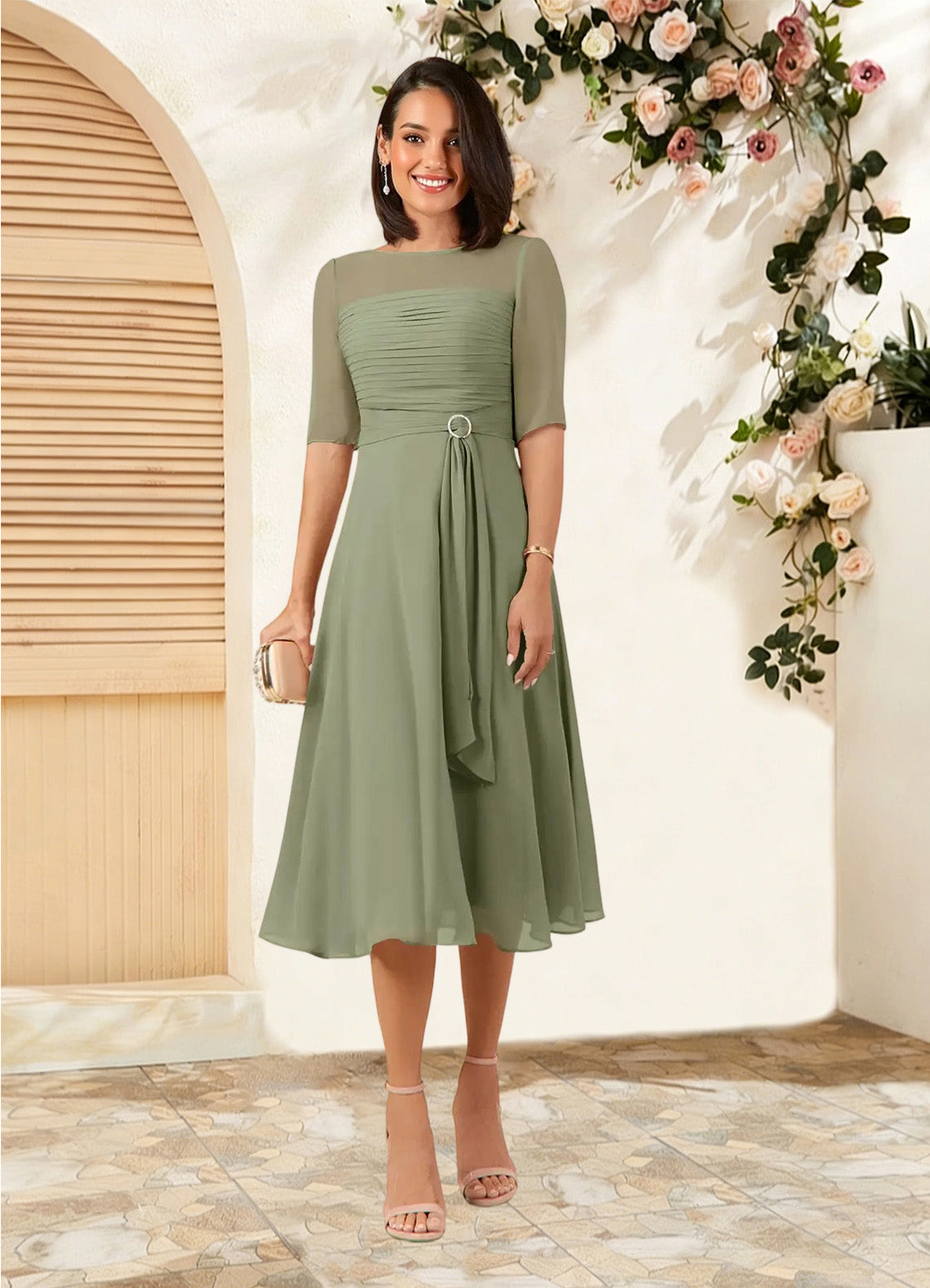 Augday Naomi A-Line Boatneck Pleated Chiffon Dress