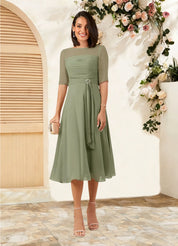 Augday Naomi A-Line Boatneck Pleated Chiffon Dress