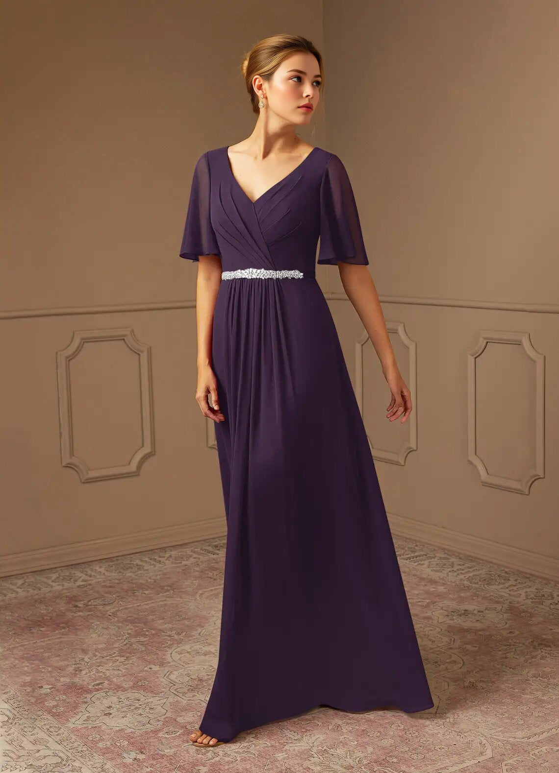 Augday A-Line V-Neck Pleated Chiffon Dress