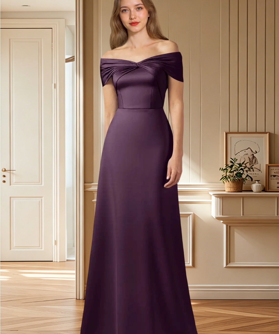 Augday Amelia A-Line Off the Shoulder Stretch Satin Dress