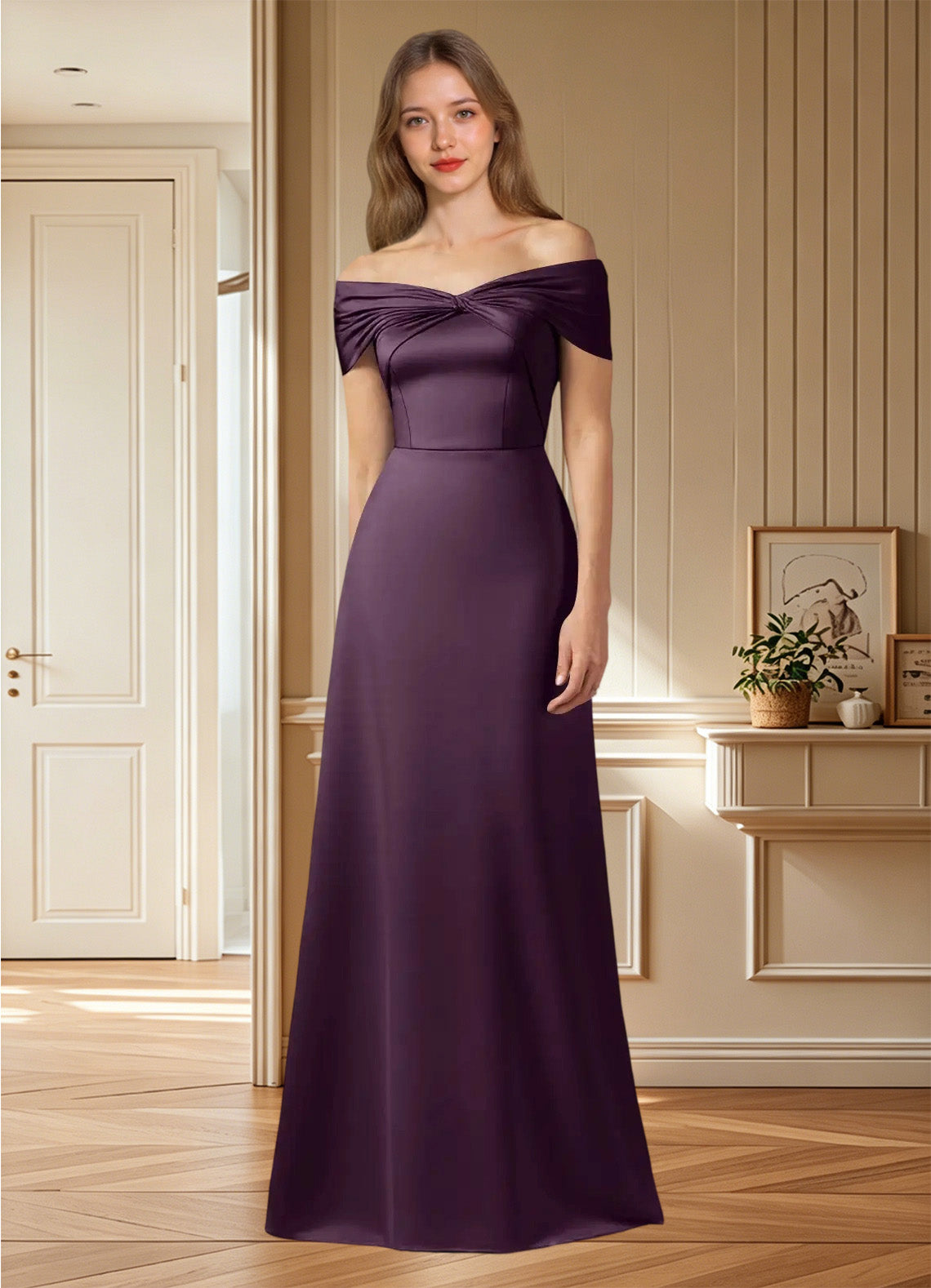 Augday Amelia A-Line Off the Shoulder Stretch Satin Dress