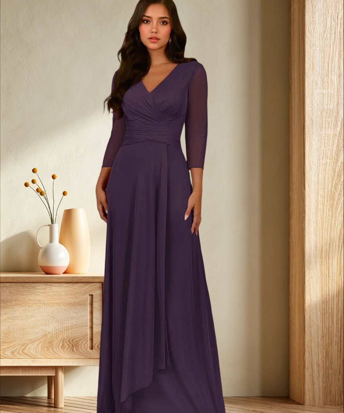 Augday Annetta A-Line V-Neck Pleated Mesh Dress