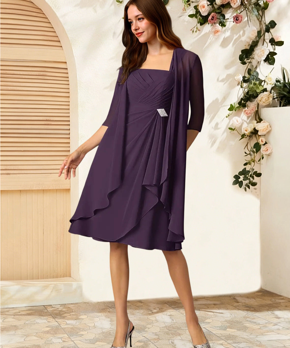 Augday Olivia A-Line Square Neckline Pleated Chiffon Dress
