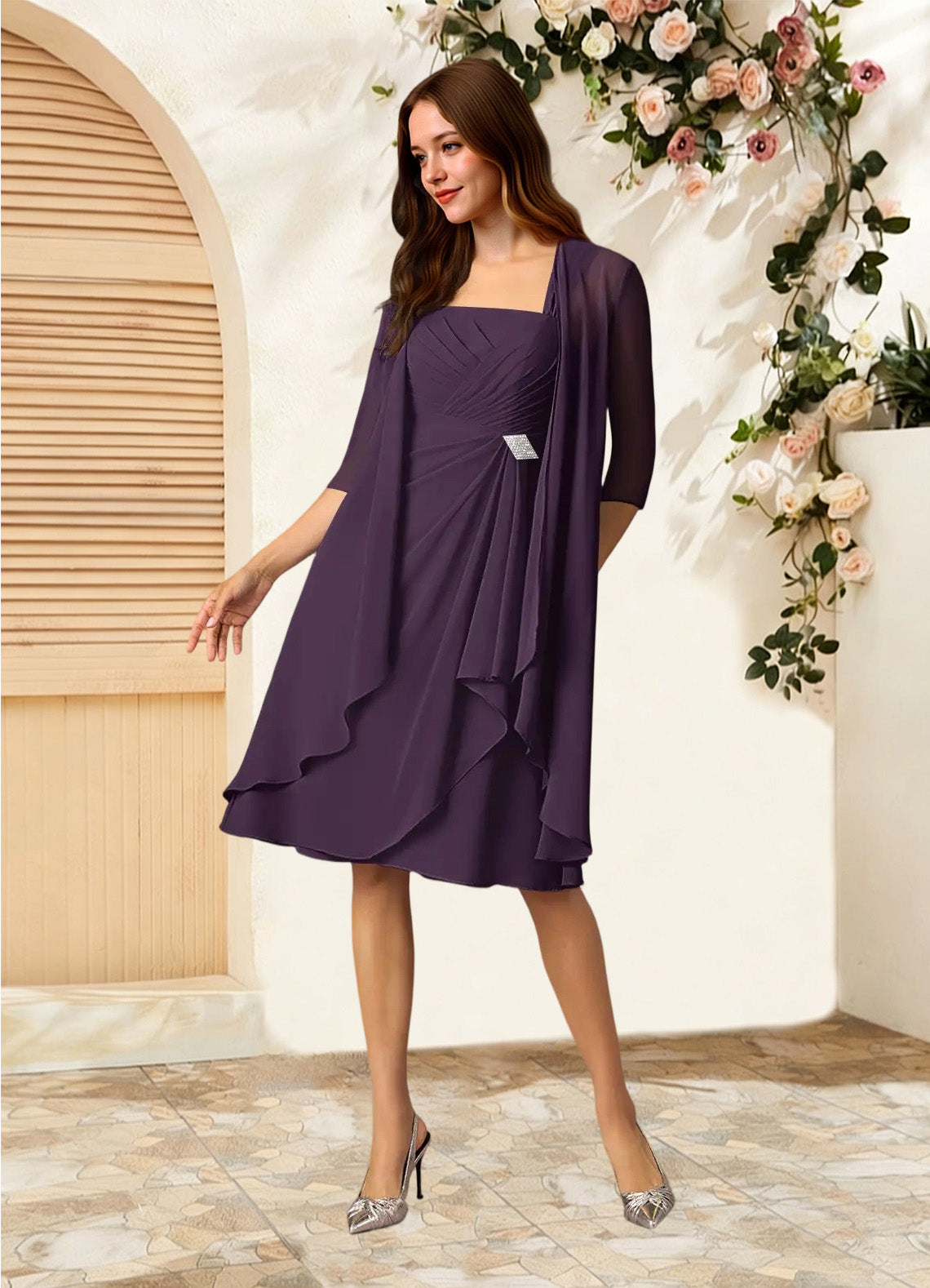 Augday Olivia A-Line Square Neckline Pleated Chiffon Dress