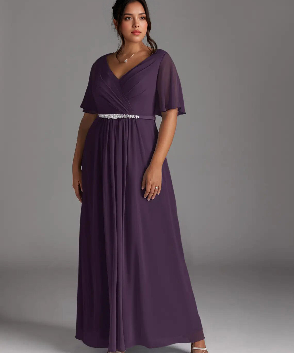 Augday A-Line V-Neck Pleated Chiffon Dress Plus Size