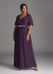 Augday A-Line V-Neck Pleated Chiffon Dress Plus Size
