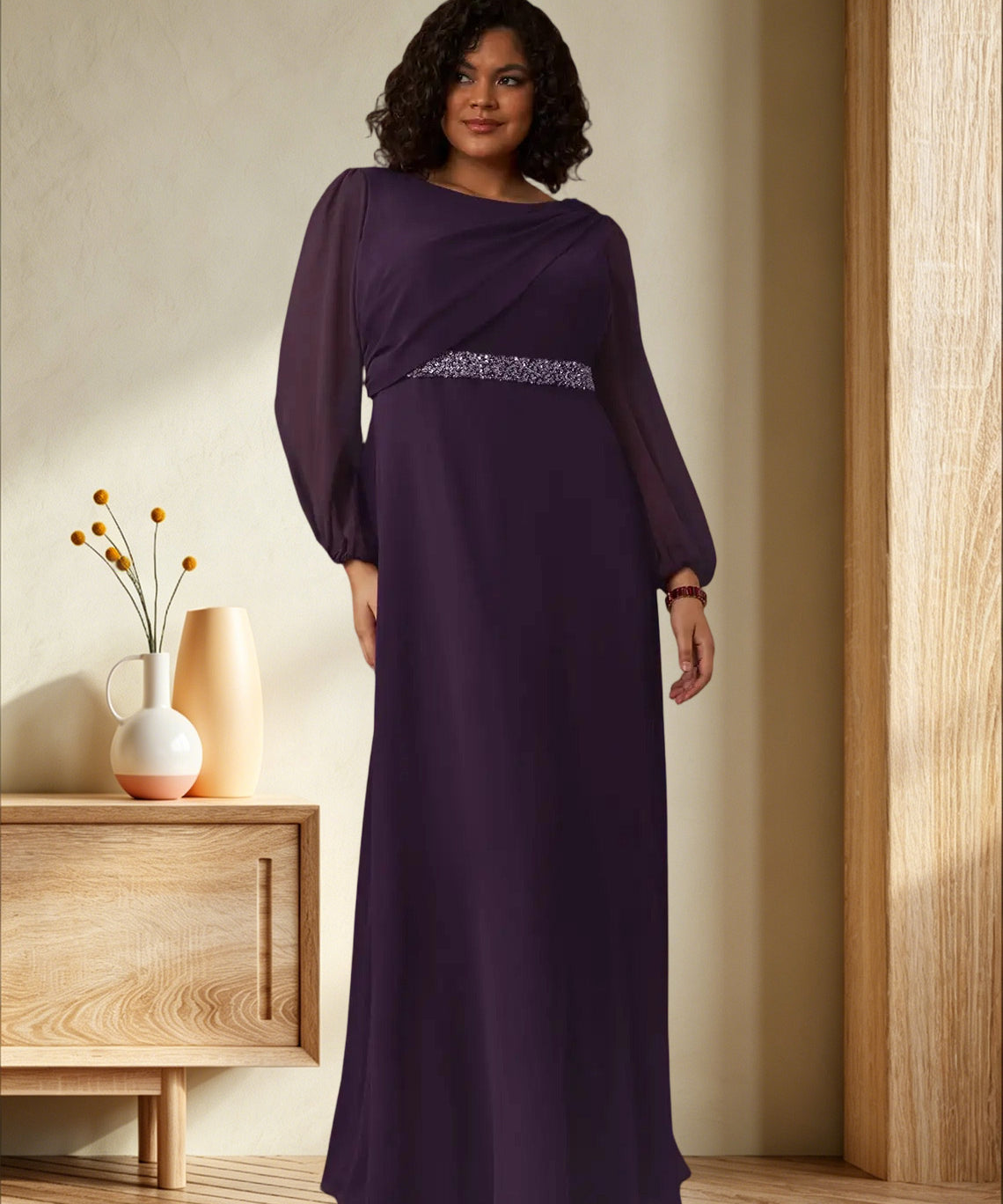 Augday Priyanka A-Line Boatneck Pleated Chiffon Dress
