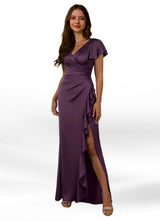 Augday Roya Mermaid V-Neck Pleated Stretch Satin Dress