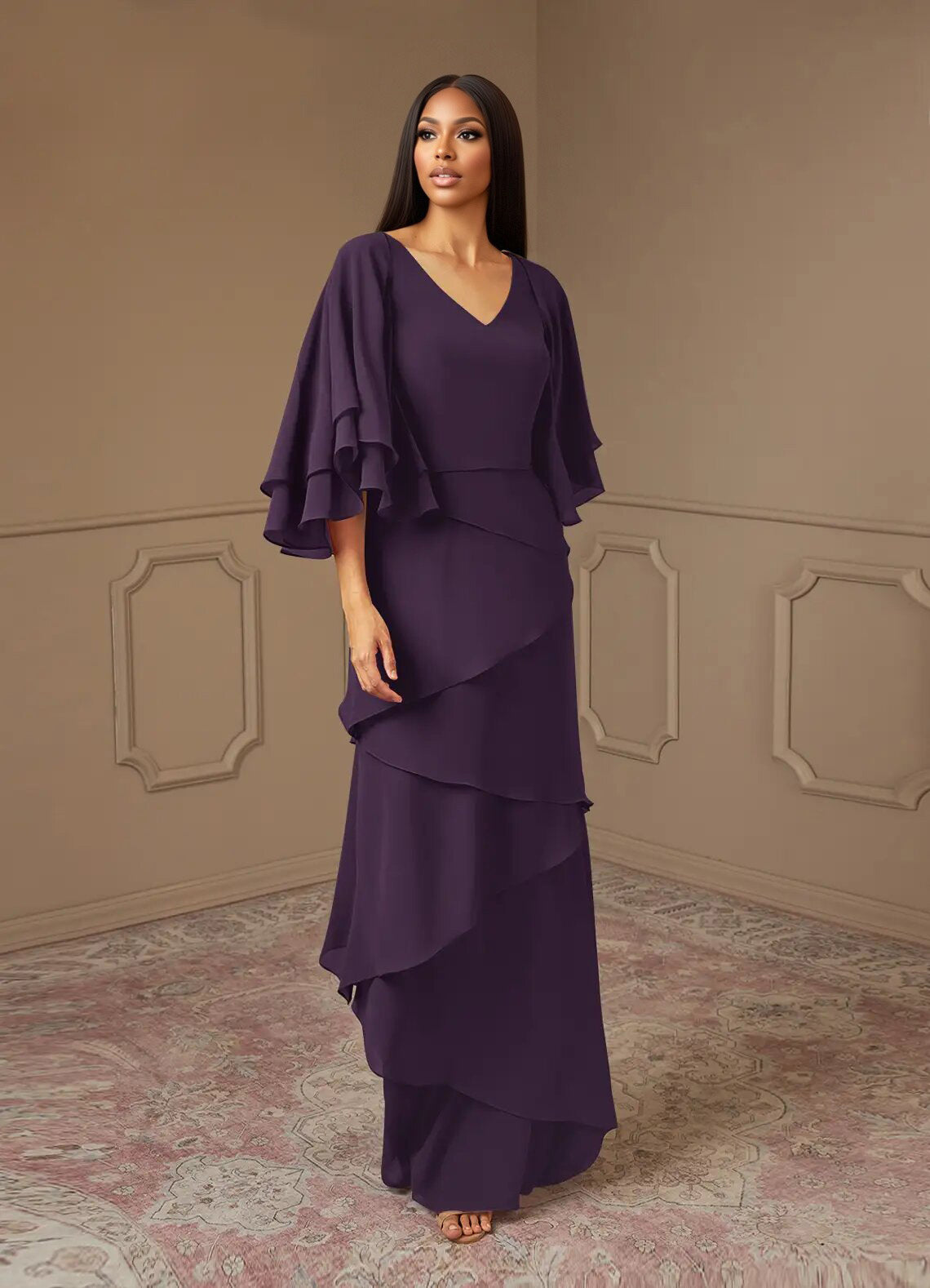 Augday OHara A-Line V-Neck Chiffon Dress