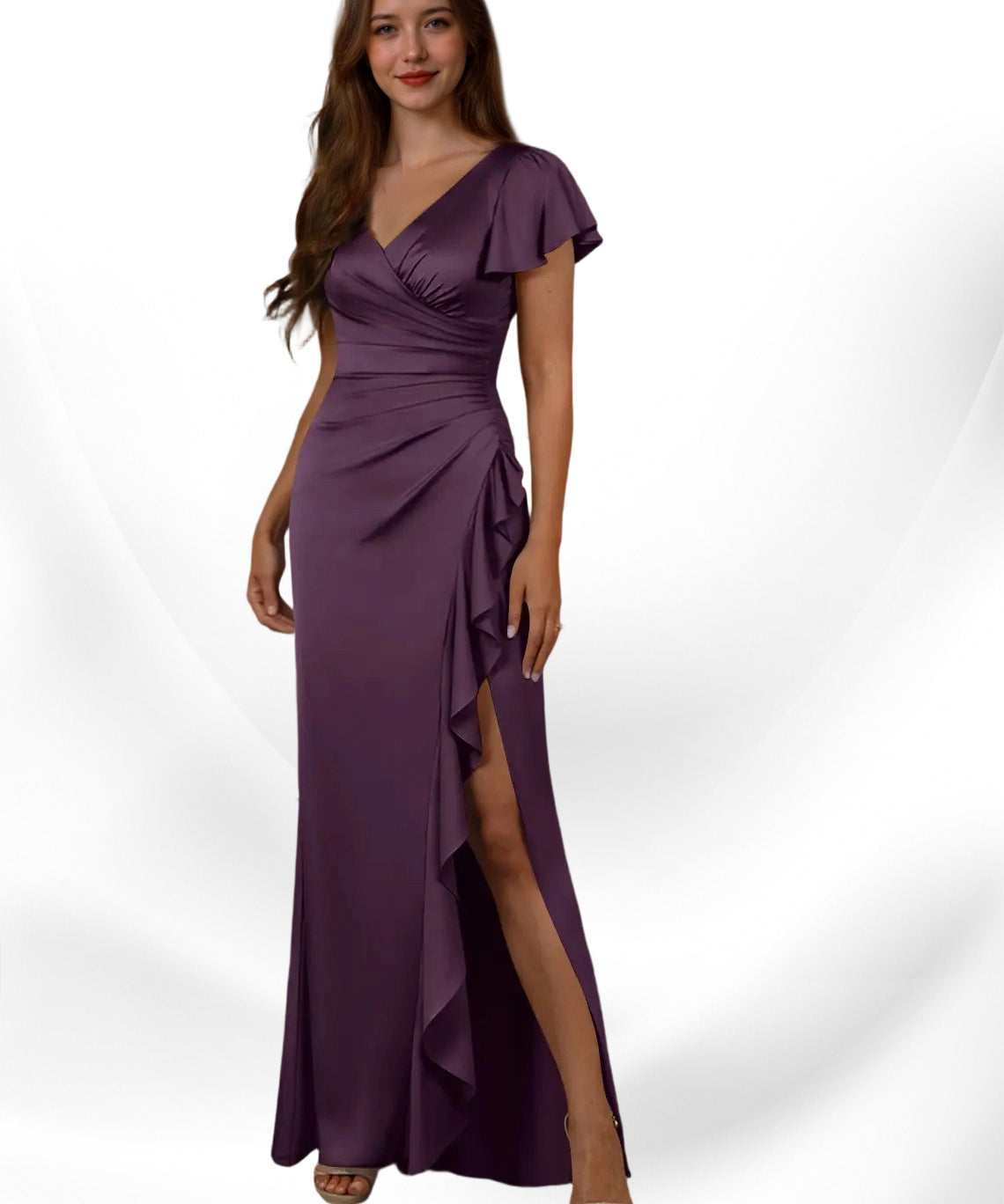 Augday Roya Mermaid V-Neck Pleated Stretch Satin