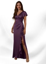 Augday Roya Mermaid V-Neck Pleated Stretch Satin