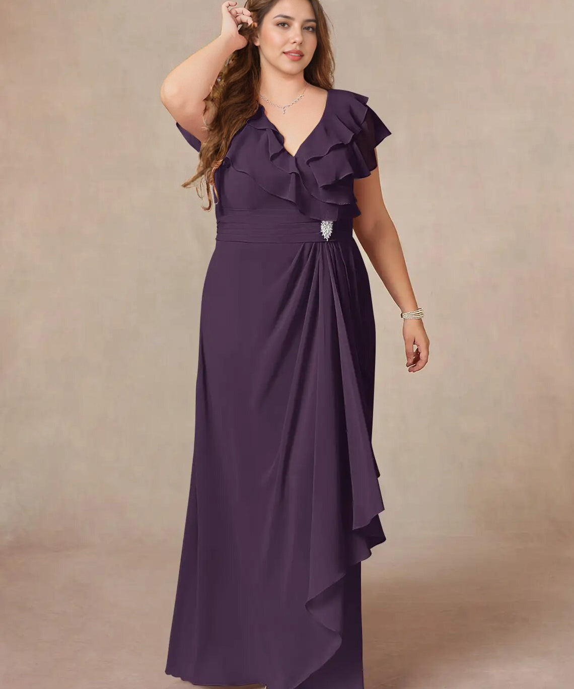 Augday A-Line V-Neck Ruched Chiffon Dress Plus Size
