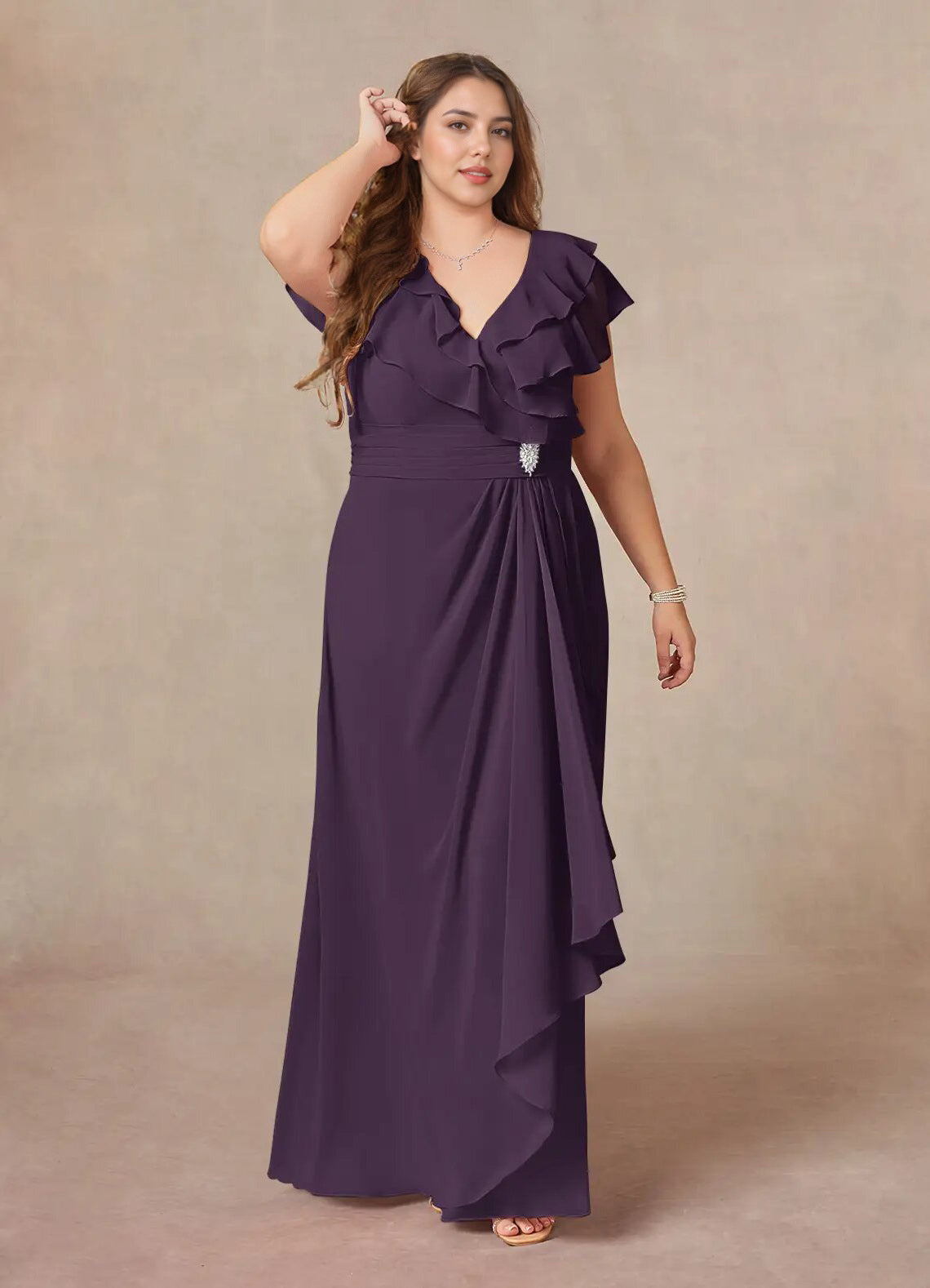 Augday A-Line V-Neck Ruched Chiffon Dress Plus Size