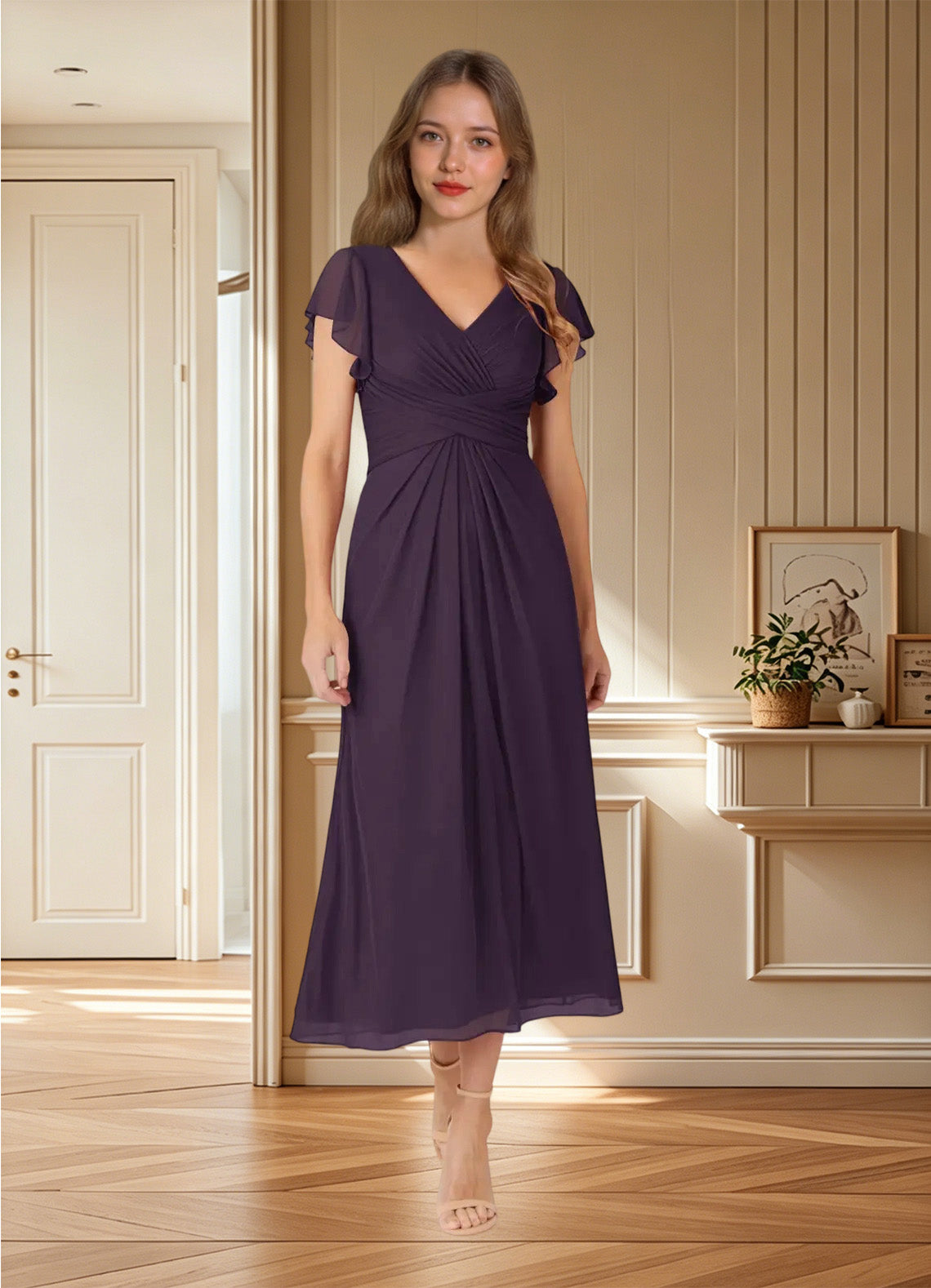 Augday Vera A-Line V-Neck Pleated Mesh Dress