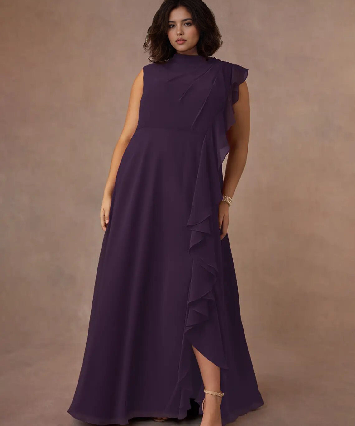Augday A-Line High Neckline Pleated Chiffon Dress Plus Size